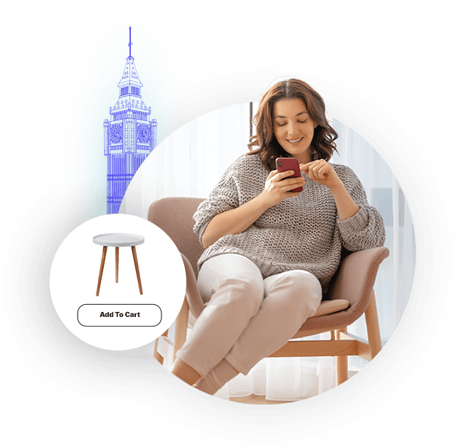 Single-person image of an ecommerce consumer on a smartphone with a product image and a wireframe of Big Ben