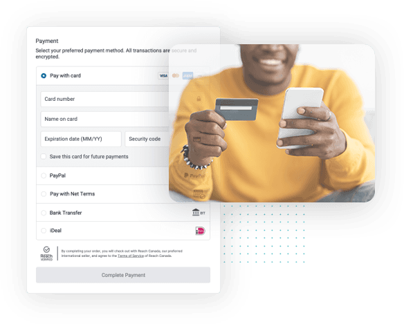Single-person image of a consumer making a cross-border ecommerce purchase with an example checkout in the background  