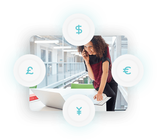 Single-person image of an ecommerce business professional on a laptop with currency icons