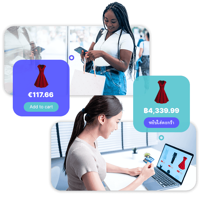 Multi-person image of ecommerce shoppers making a cross-border purchase with icons showing prices in different currencies