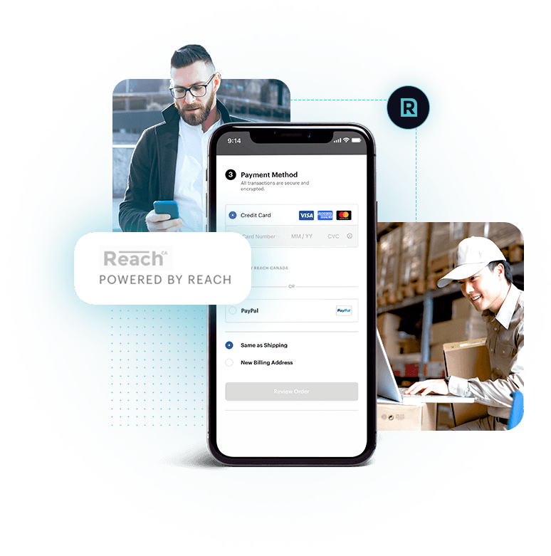 Multi-person image of ecommerce business professionals and a smartphone showcasing an example Reach checkout with Reach logo icons 
