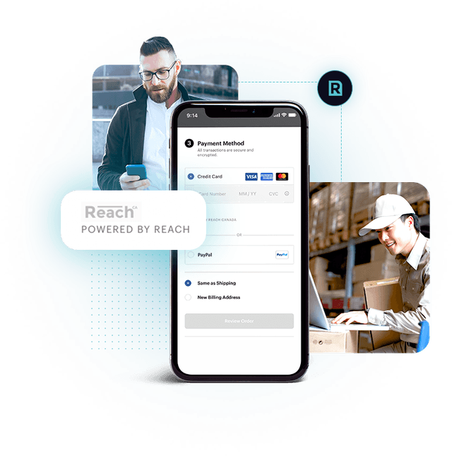 Multi-person image showing ecommerce business professionals and a smartphone showcasing an example checkout with Reach icons attached 
