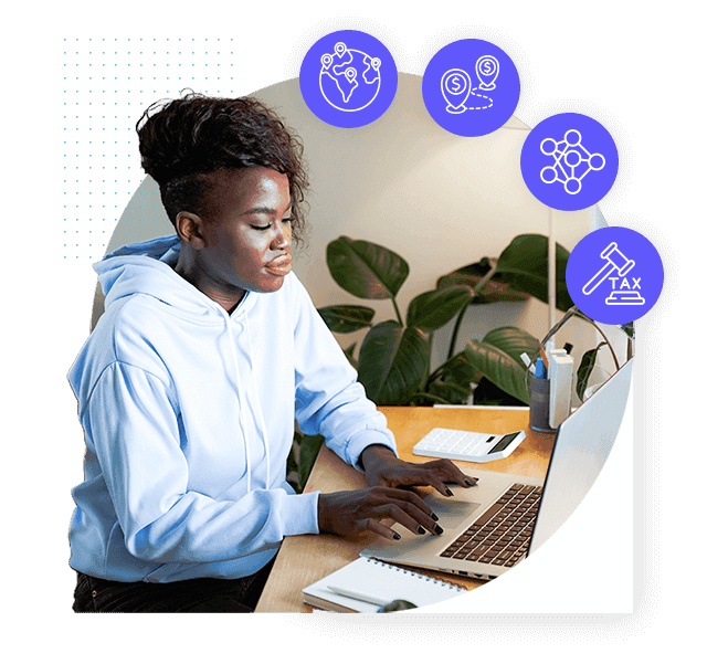 Single-person image of an ecommerce consumer on a laptop with icons depicting the different aspects of cross-border payments