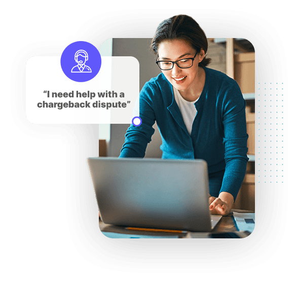 Single person image of an ecommerce business professional accessing merchant support with a support message icon