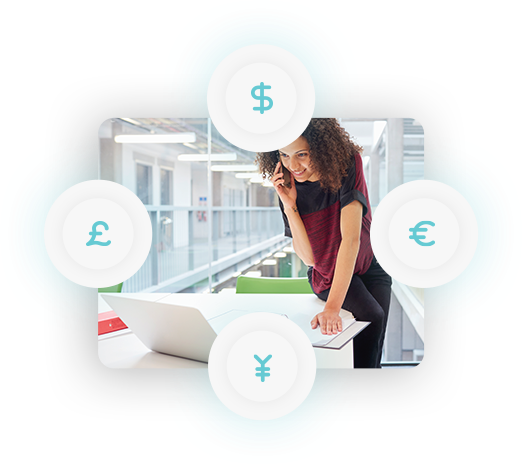 Single-person image of an ecommerce business professional on a laptop with currency icons