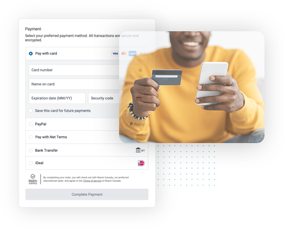 Single-person image of a consumer making a cross-border ecommerce purchase with an example checkout in the background  