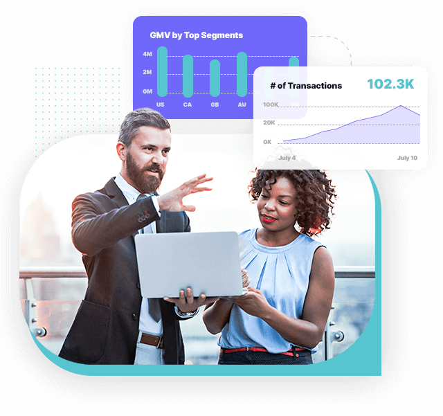 Multi-person image of ecommerce business professionals working on a laptop with multiple growth chart icons