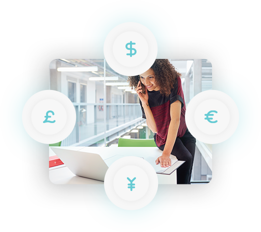 Single-person image of an ecommerce business professional on a laptop with currency icons