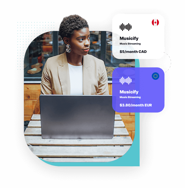 Single-person image of an ecommerce business professional on a laptop with subscription icons