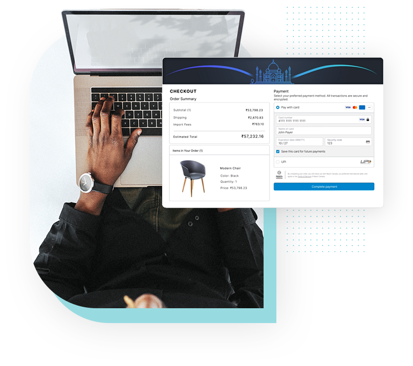 Single-person image of a cross-border ecommerce consumer on a laptop with an example checkout which has white labeled Reach’s platform 