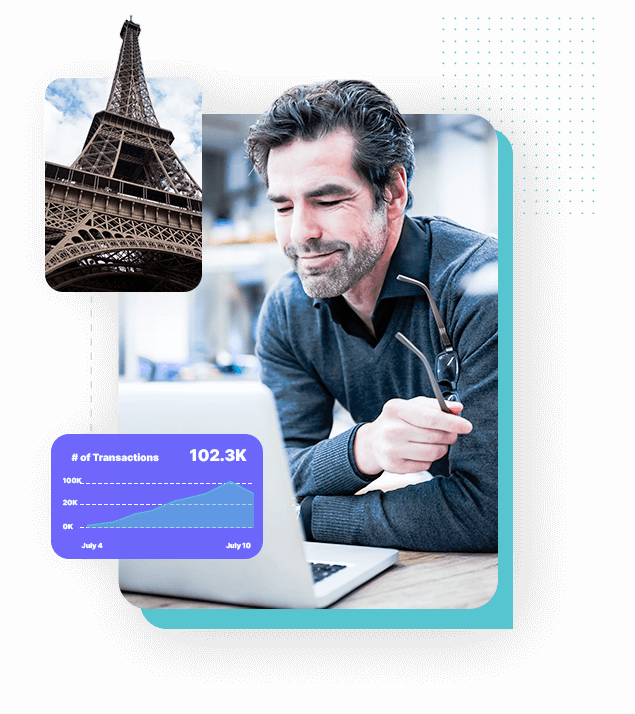 Single-person image of an ecommerce consumer on a laptop with an image of the Eiffel Tower and a growth chart icon 