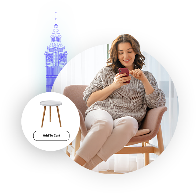 Single-person image of an ecommerce consumer on a smartphone with a product image and a wireframe of Big Ben