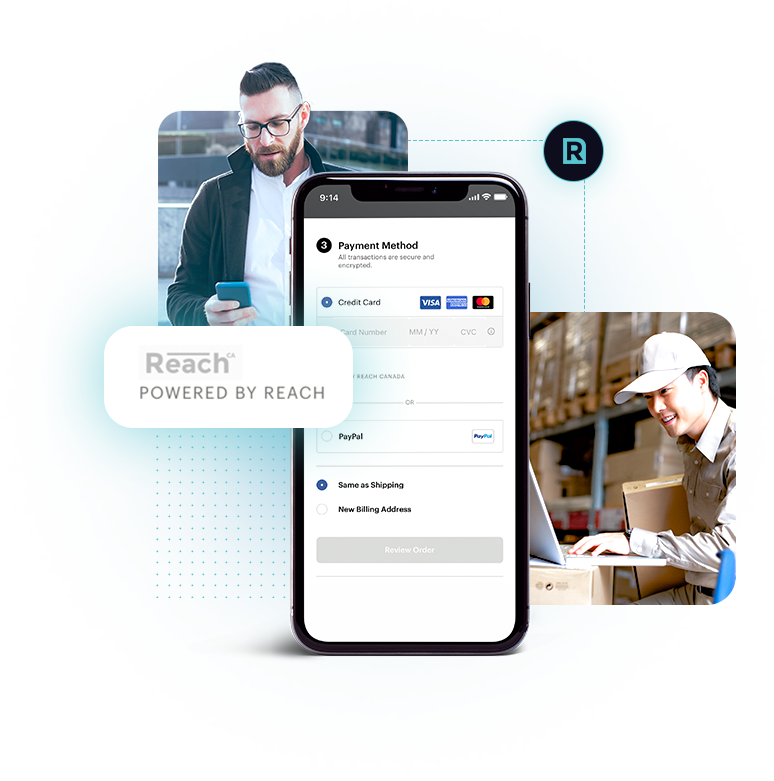 Multi-person image of ecommerce business professionals and a smartphone showcasing an example Reach checkout with Reach logo icons 