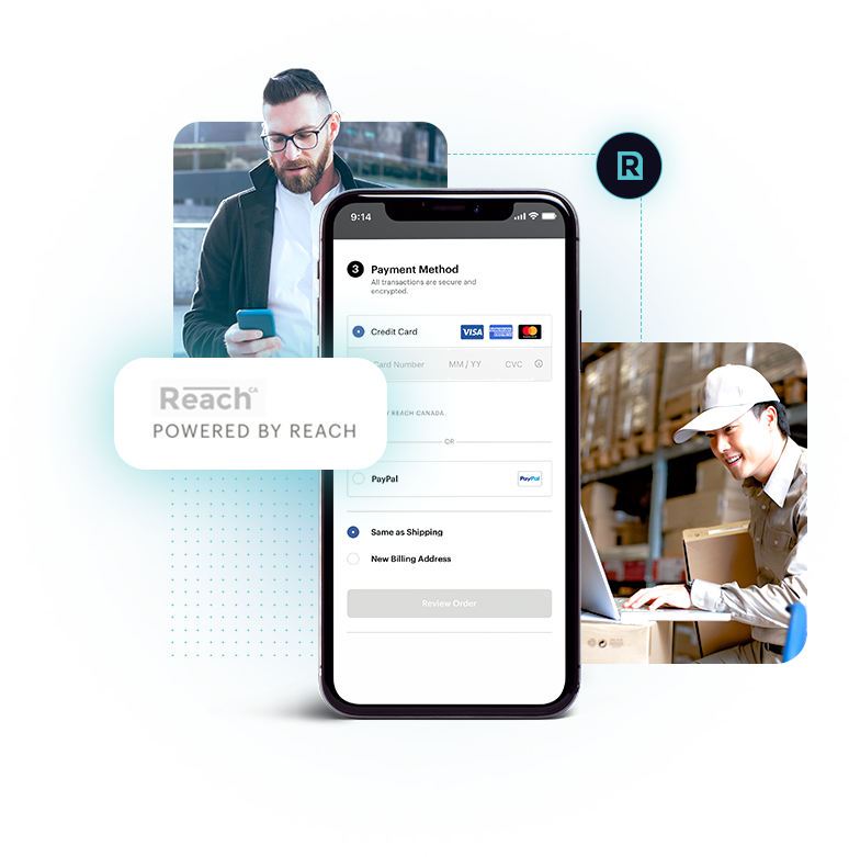 Multi-person image showing ecommerce business professionals and a smartphone showcasing an example checkout with Reach icons attached 