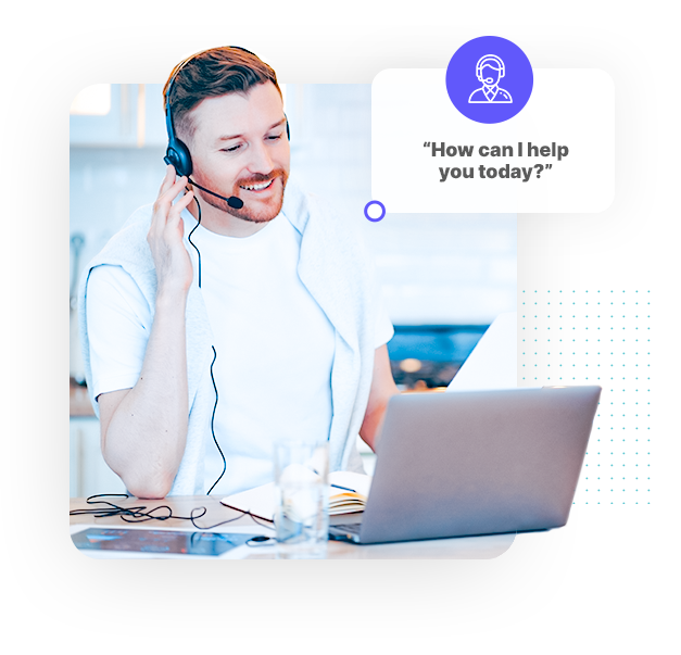 Single person image of a merchant success representative assisting an ecommerce business with a support message icon